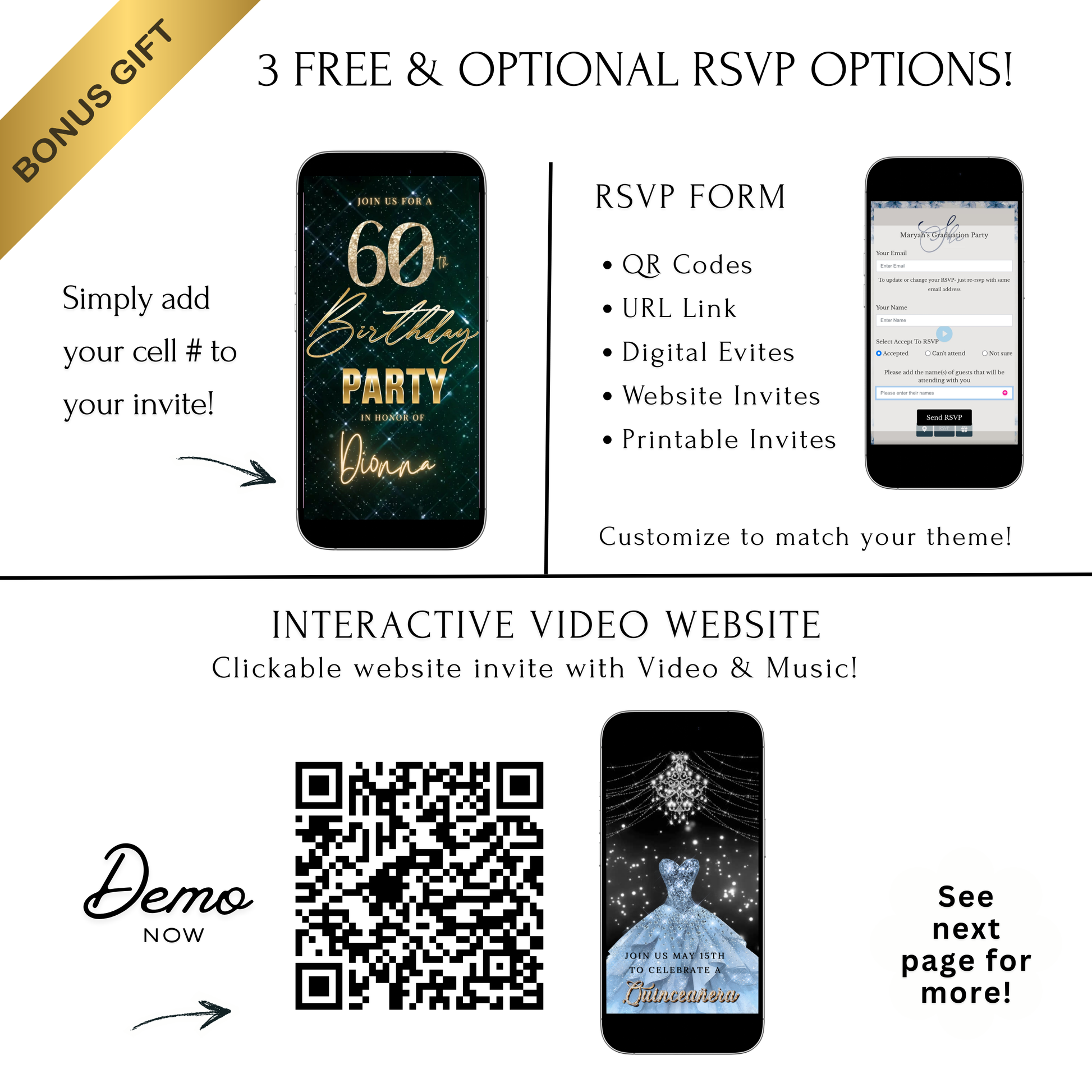Editable teal glam 60th birthday birthday video invitation displayed on a mobile phone, featuring an animated vertical digital invite with music, created in Canva. This premium video invitation template is designed for sharing by text, email, and social media and works with an interactive RSVP website for easy guest response tracking.