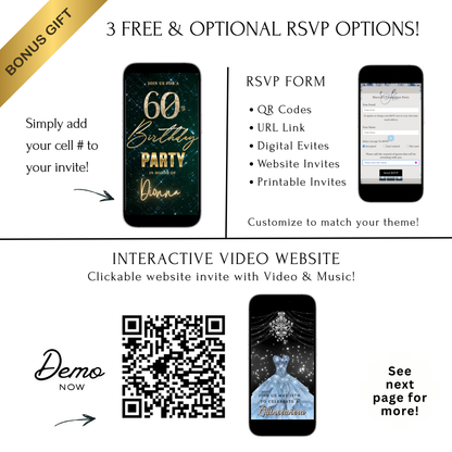 Editable teal glam 60th birthday birthday video invitation displayed on a mobile phone, featuring an animated vertical digital invite with music, created in Canva. This premium video invitation template is designed for sharing by text, email, and social media and works with an interactive RSVP website for easy guest response tracking.