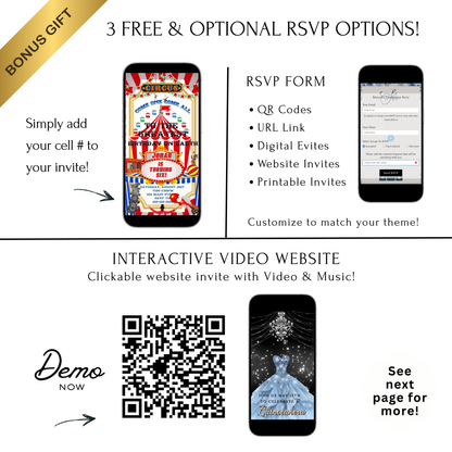 Editable red circus 6th birthday birthday video invitation displayed on a mobile phone, featuring an animated vertical digital invite with music, created in Canva. This premium video invitation template is designed for sharing by text, email, and social media and works with an interactive RSVP website for easy guest response tracking.