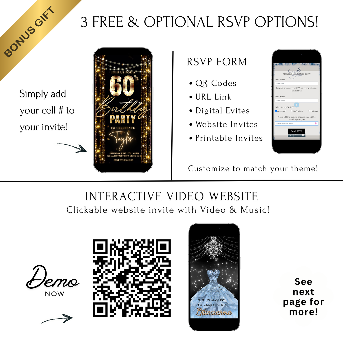 Editable gold glitter curtain 60th birthday birthday video invitation displayed on a mobile phone, featuring an animated vertical digital invite with music, created in Canva. This premium video invitation template is designed for sharing by text, email, and social media and works with an interactive RSVP website for easy guest response tracking.