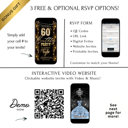 Editable gold glitter curtain 60th birthday birthday video invitation displayed on a mobile phone, featuring an animated vertical digital invite with music, created in Canva. This premium video invitation template is designed for sharing by text, email, and social media and works with an interactive RSVP website for easy guest response tracking.