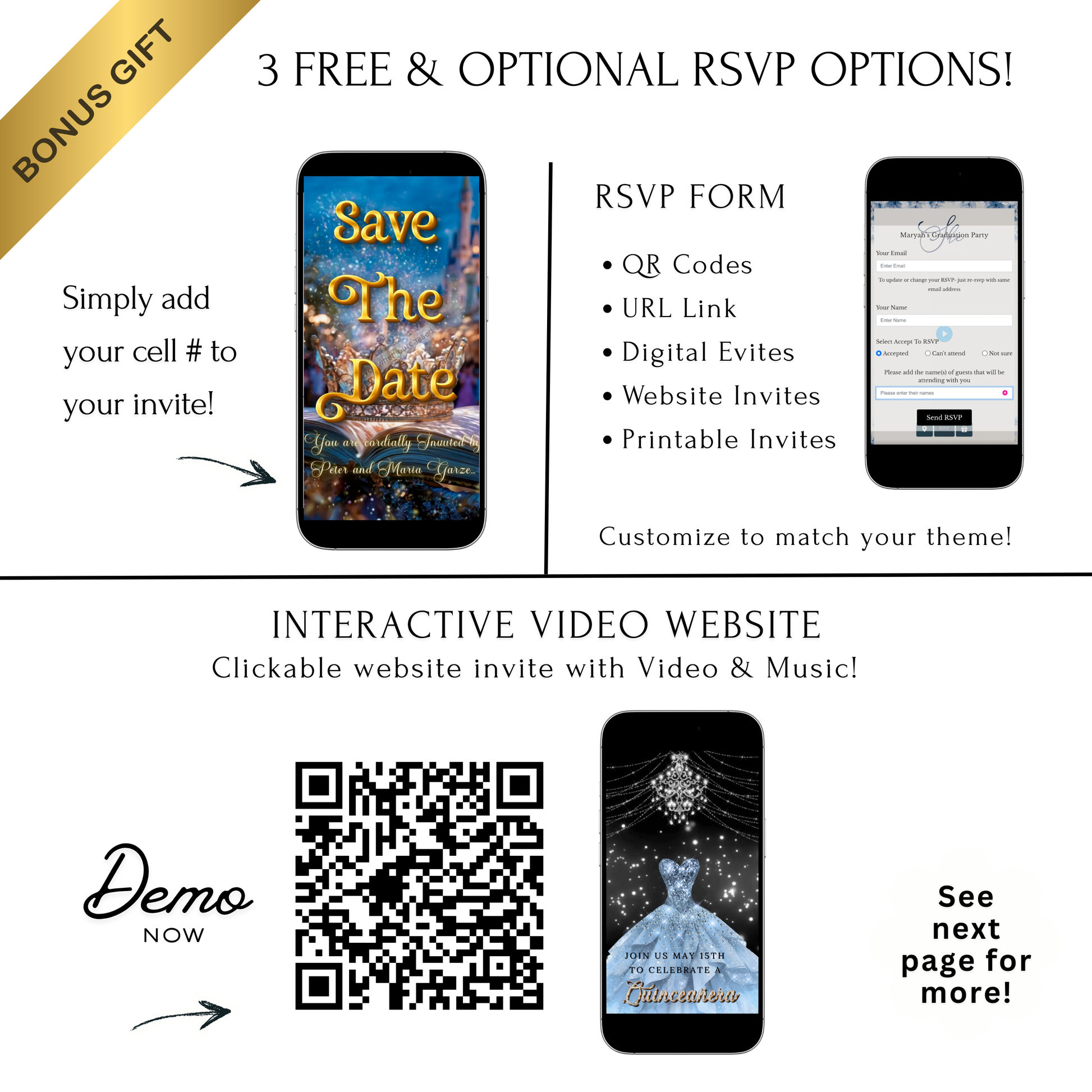 Editable beauty and the beast fairytale quinceañera event video invitation displayed on a mobile phone, featuring an animated vertical digital invite with music, created in Canva. This premium video invitation template is designed for sharing by text, email, and social media and works with an interactive RSVP website for easy guest response tracking.