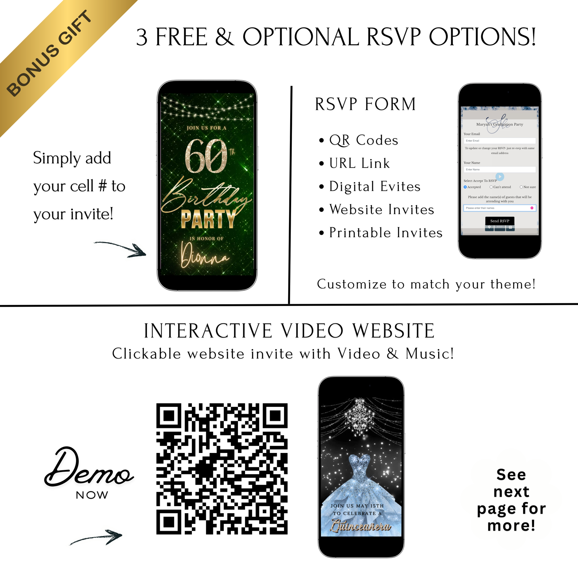 Editable emerald green gold 60th birthday birthday video invitation displayed on a mobile phone, featuring an animated vertical digital invite with music, created in Canva. This premium video invitation template is designed for sharing by text, email, and social media and works with an interactive RSVP website for easy guest response tracking.