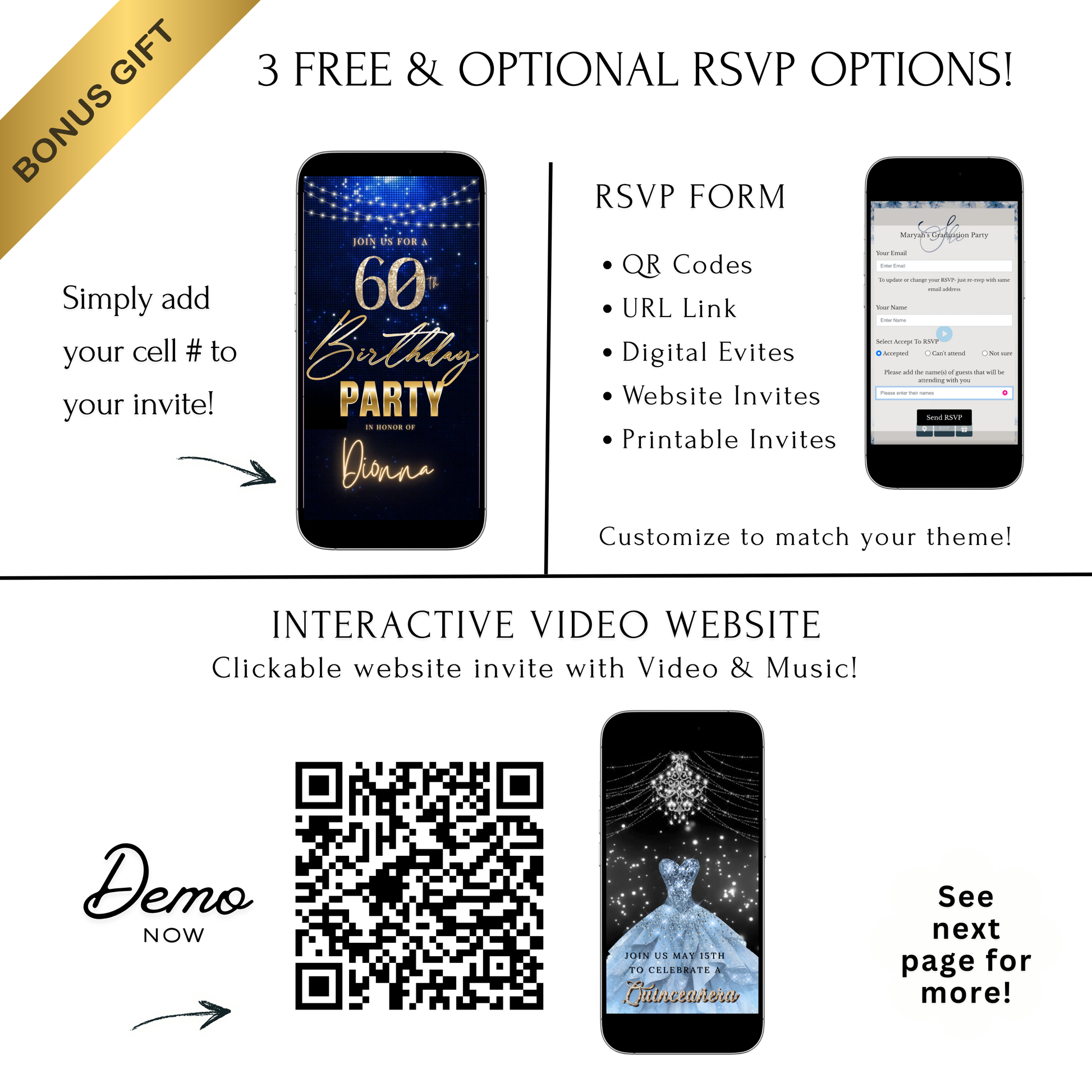 Editable royal blue gold elegant 60th birthday birthday video invitation displayed on a mobile phone, featuring an animated vertical digital invite with music, created in Canva. This premium video invitation template is designed for sharing by text, email, and social media and works with an interactive RSVP website for easy guest response tracking.