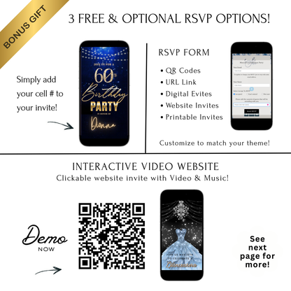 Editable royal blue gold elegant 60th birthday birthday video invitation displayed on a mobile phone, featuring an animated vertical digital invite with music, created in Canva. This premium video invitation template is designed for sharing by text, email, and social media and works with an interactive RSVP website for easy guest response tracking.