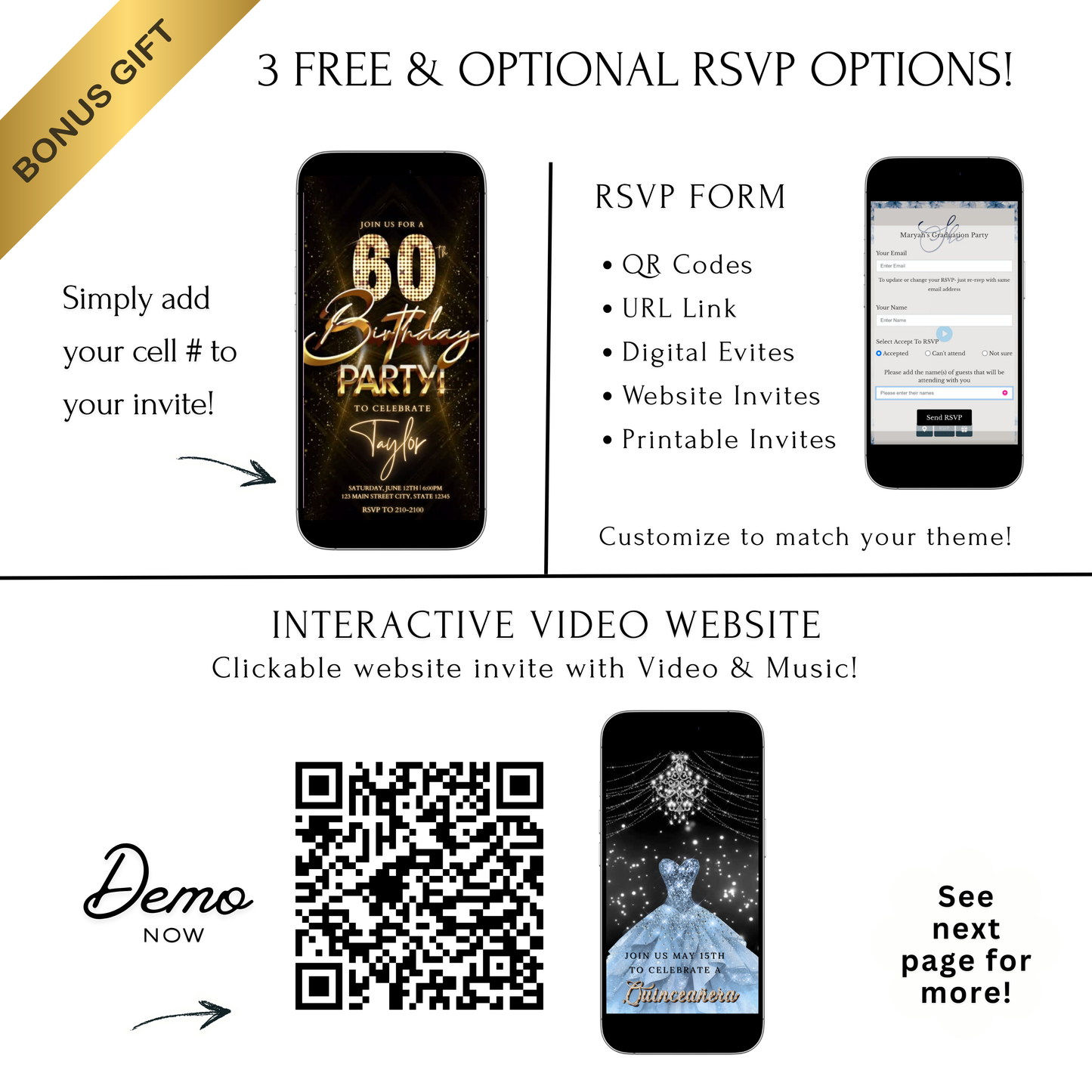 Editable luxury gold spotlight 60th birthday birthday video invitation displayed on a mobile phone, featuring an animated vertical digital invite with music, created in Canva. This premium video invitation template is designed for sharing by text, email, and social media and works with an interactive RSVP website for easy guest response tracking.