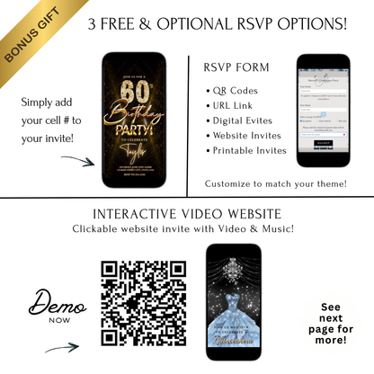Editable luxury gold spotlight 60th birthday birthday video invitation displayed on a mobile phone, featuring an animated vertical digital invite with music, created in Canva. This premium video invitation template is designed for sharing by text, email, and social media and works with an interactive RSVP website for easy guest response tracking.