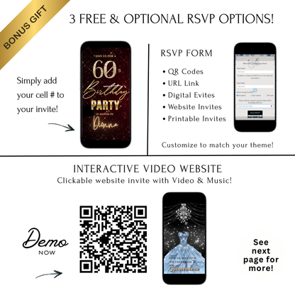 Editable maroon gold sparkle grid 60th birthday birthday video invitation displayed on a mobile phone, featuring an animated vertical digital invite with music, created in Canva. This premium video invitation template is designed for sharing by text, email, and social media and works with an interactive RSVP website for easy guest response tracking.