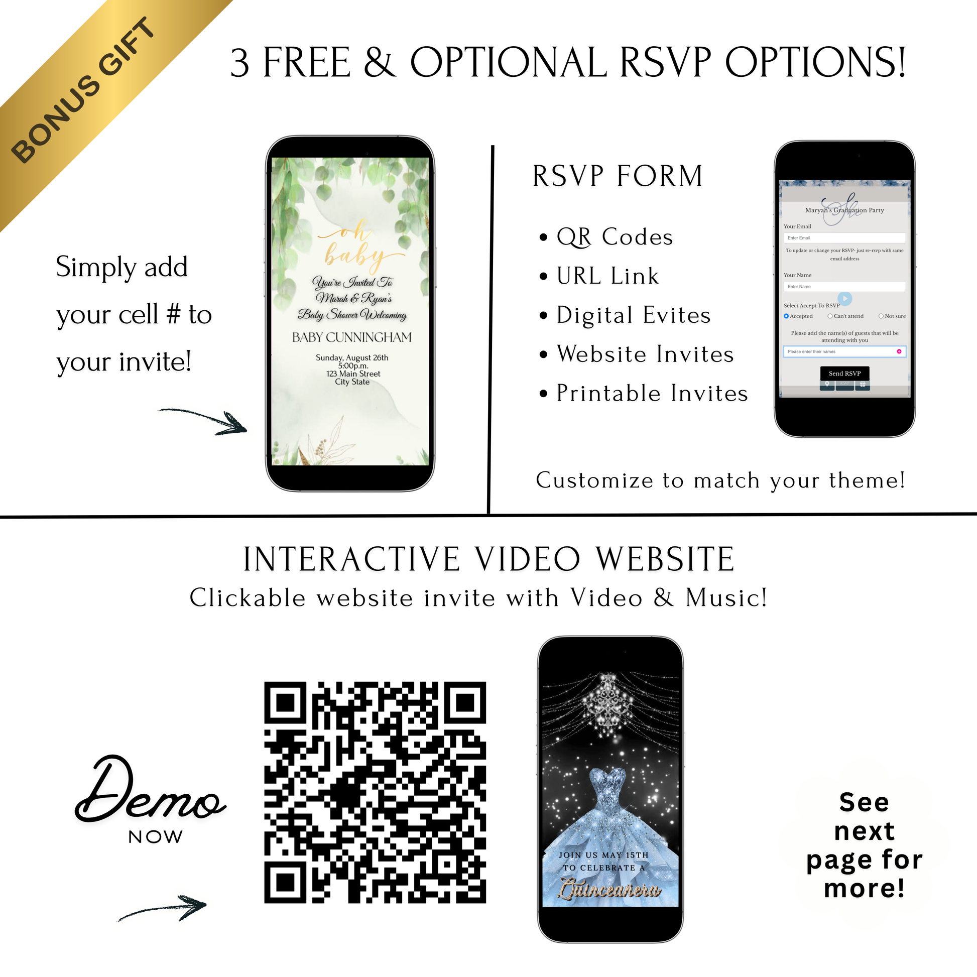 Editable greenery baby shower baby shower video invitation displayed on a mobile phone, featuring an animated vertical digital invite with music, created in Canva. This premium video invitation template is designed for sharing by text, email, and social media and works with an interactive RSVP website for easy guest response tracking.