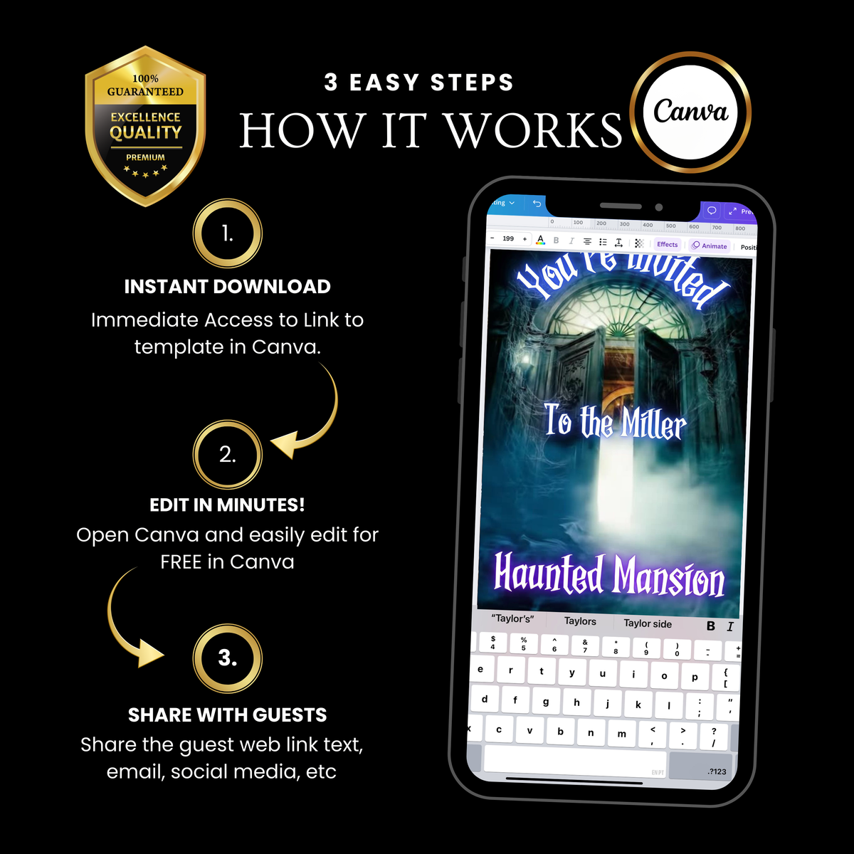 Editable haunted mansion halloween party party video invitation displayed on a mobile phone, featuring an animated vertical digital invite with music, created in Canva. This premium video invitation template is designed for sharing by text, email, and social media and works with an interactive RSVP website for easy guest response tracking.