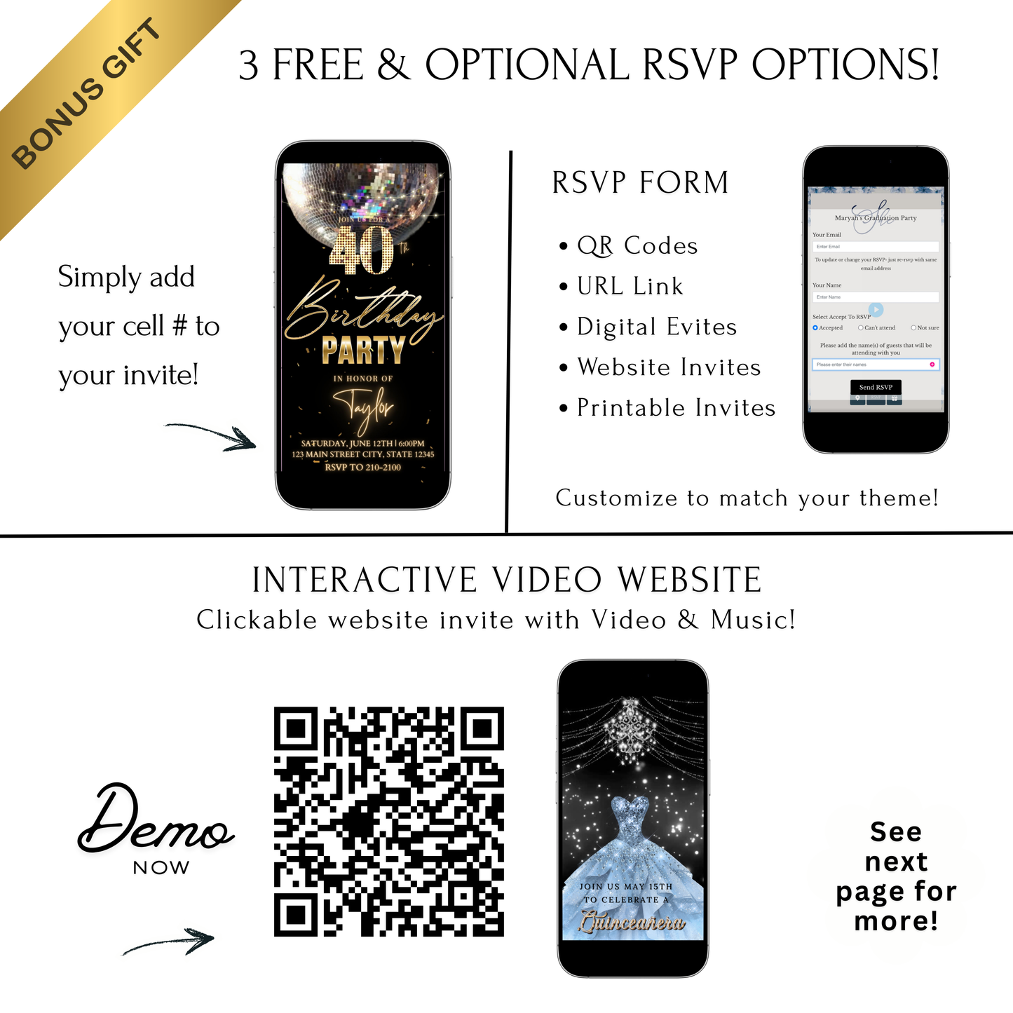 Editable black gold disco 40th birthday birthday video invitation displayed on a mobile phone, featuring an animated vertical digital invite with music, created in Canva. This premium video invitation template is designed for sharing by text, email, and social media and works with an interactive RSVP website for easy guest response tracking.