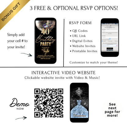 Editable black gold disco 40th birthday birthday video invitation displayed on a mobile phone, featuring an animated vertical digital invite with music, created in Canva. This premium video invitation template is designed for sharing by text, email, and social media and works with an interactive RSVP website for easy guest response tracking.