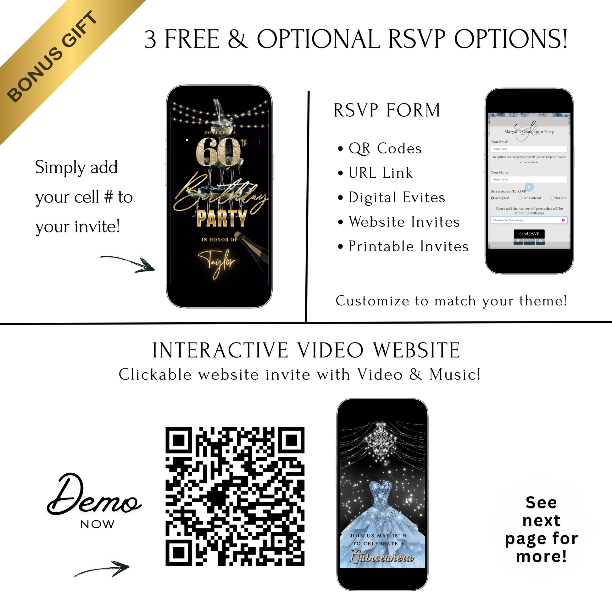 Editable luxury gold champagne 60th birthday birthday video invitation displayed on a mobile phone, featuring an animated vertical digital invite with music, created in Canva. This premium video invitation template is designed for sharing by text, email, and social media and works with an interactive RSVP website for easy guest response tracking.