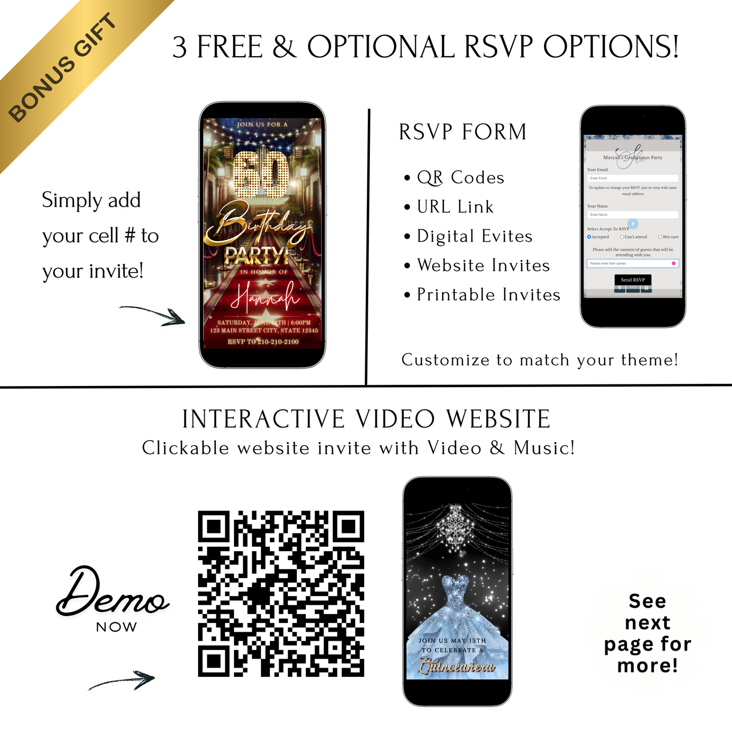 Editable hollywood red carpet 60th birthday birthday video invitation displayed on a mobile phone, featuring an animated vertical digital invite with music, created in Canva. This premium video invitation template is designed for sharing by text, email, and social media and works with an interactive RSVP website for easy guest response tracking.
