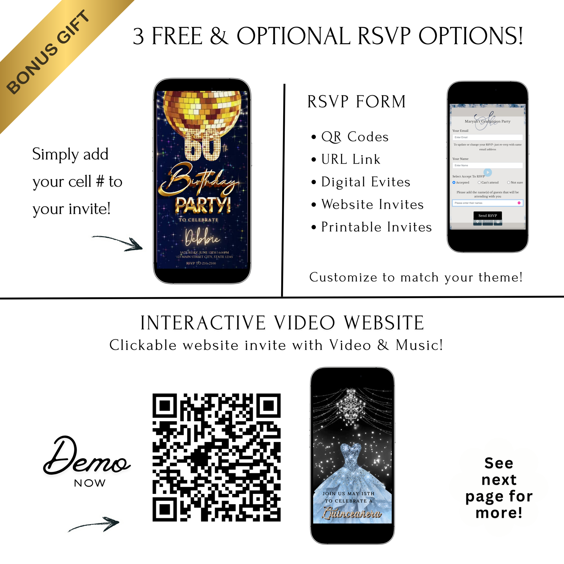 Editable retro disco ball 60th birthday birthday video invitation displayed on a mobile phone, featuring an animated vertical digital invite with music, created in Canva. This premium video invitation template is designed for sharing by text, email, and social media and works with an interactive RSVP website for easy guest response tracking.
