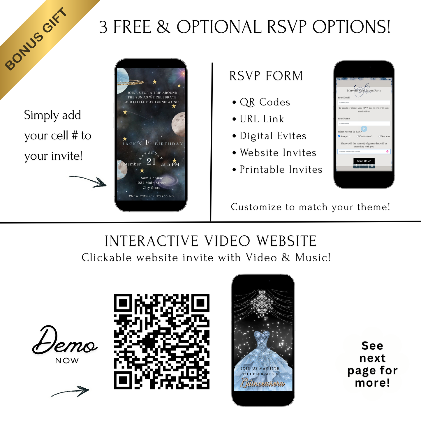 Editable space 1st birthday birthday video invitation displayed on a mobile phone, featuring an animated vertical digital invite with music, created in Canva. This premium video invitation template is designed for sharing by text, email, and social media and works with an interactive RSVP website for easy guest response tracking.