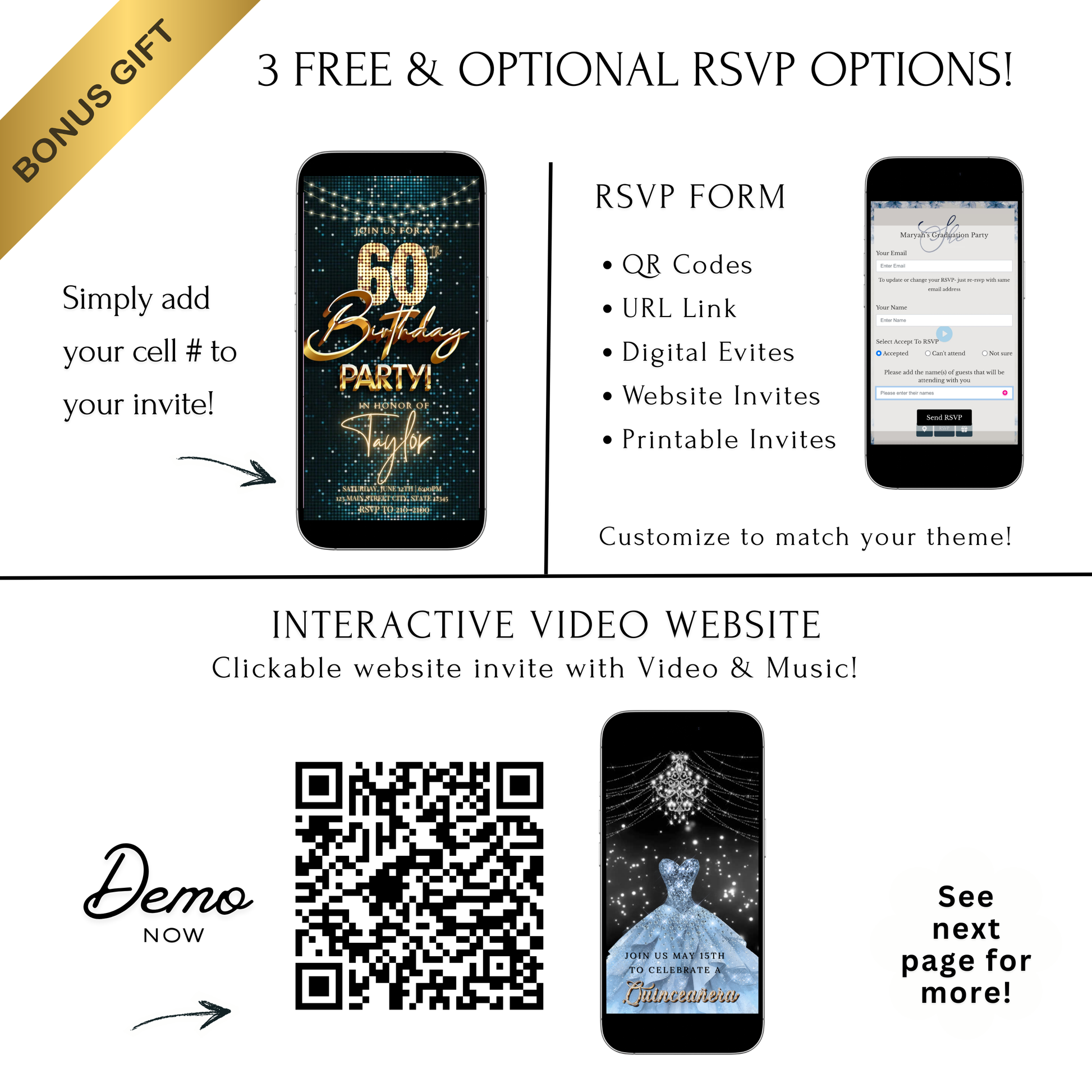 Editable teal gold disco 60th birthday birthday video invitation displayed on a mobile phone, featuring an animated vertical digital invite with music, created in Canva. This premium video invitation template is designed for sharing by text, email, and social media and works with an interactive RSVP website for easy guest response tracking.
