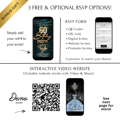 Editable teal gold disco 60th birthday birthday video invitation displayed on a mobile phone, featuring an animated vertical digital invite with music, created in Canva. This premium video invitation template is designed for sharing by text, email, and social media and works with an interactive RSVP website for easy guest response tracking.