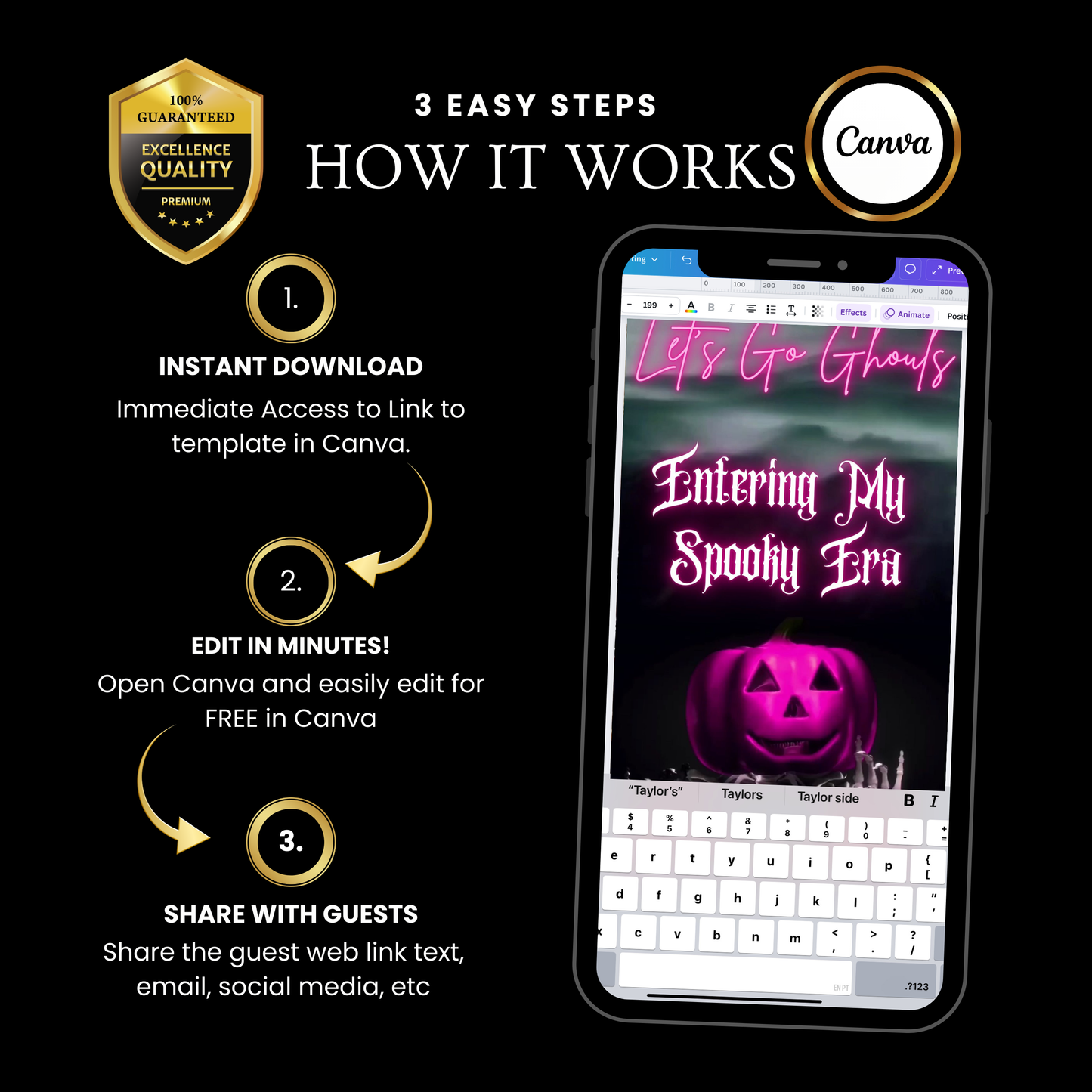 Editable pink spooky halloween party party video invitation displayed on a mobile phone, featuring an animated vertical digital invite with music, created in Canva. This premium video invitation template is designed for sharing by text, email, and social media and works with an interactive RSVP website for easy guest response tracking.