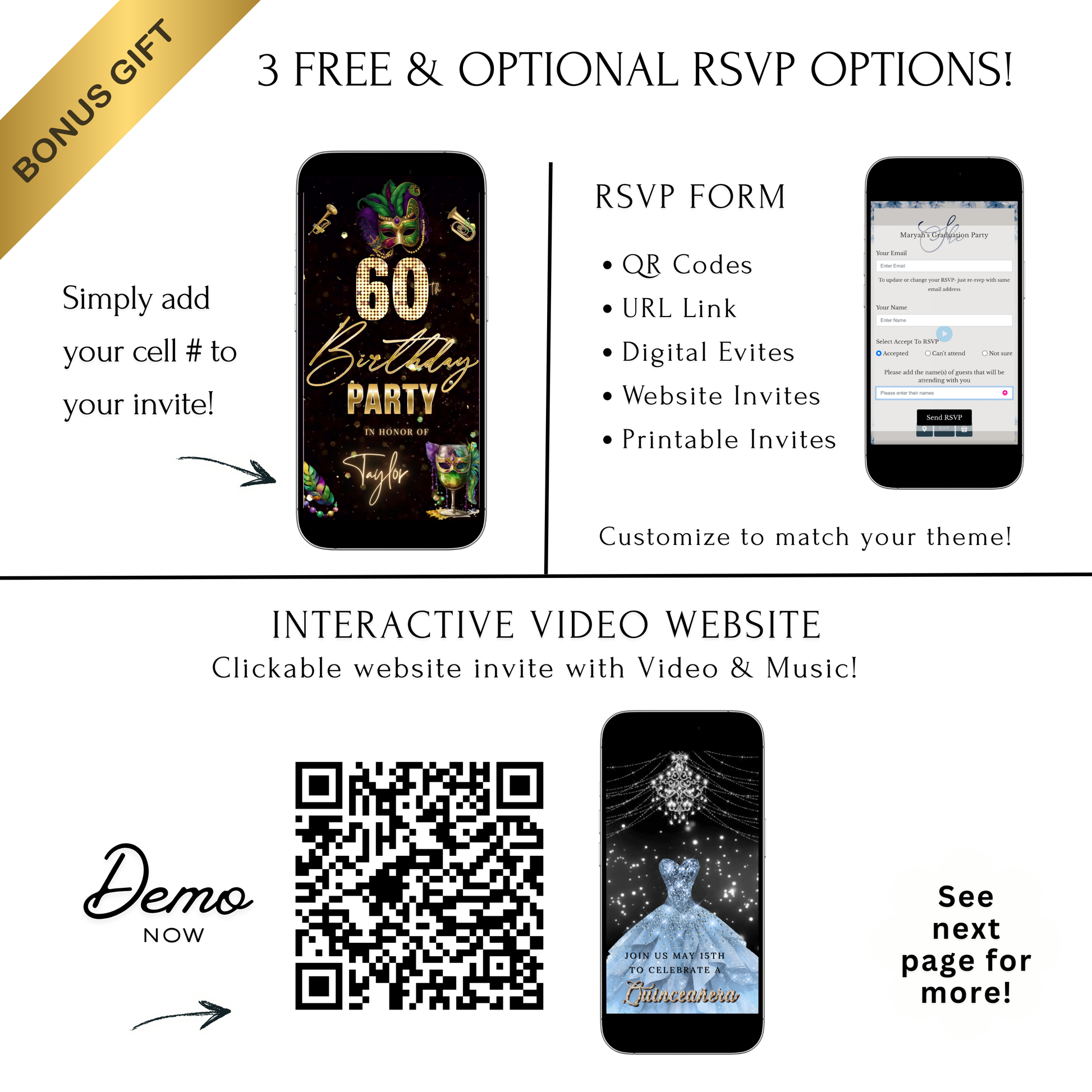 Editable mardi gras masquerade 60th birthday birthday video invitation displayed on a mobile phone, featuring an animated vertical digital invite with music, created in Canva. This premium video invitation template is designed for sharing by text, email, and social media and works with an interactive RSVP website for easy guest response tracking.