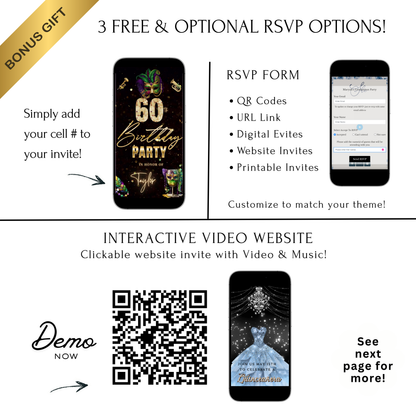 Editable mardi gras masquerade 60th birthday birthday video invitation displayed on a mobile phone, featuring an animated vertical digital invite with music, created in Canva. This premium video invitation template is designed for sharing by text, email, and social media and works with an interactive RSVP website for easy guest response tracking.