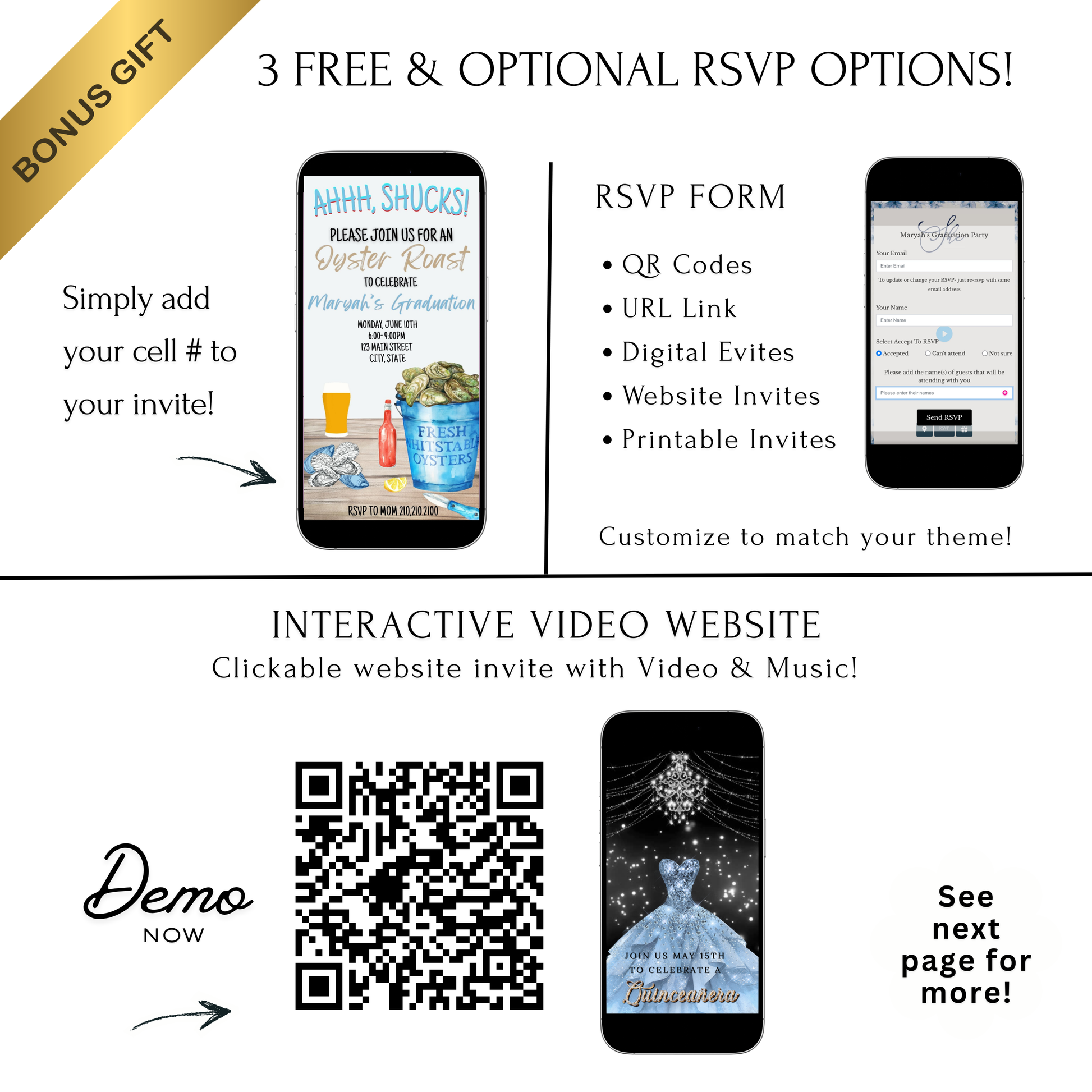 Editable oyster roast graduation party graduation video invitation displayed on a mobile phone, featuring an animated vertical digital invite with music, created in Canva. This premium video invitation template is designed for sharing by text, email, and social media and works with an interactive RSVP website for easy guest response tracking.