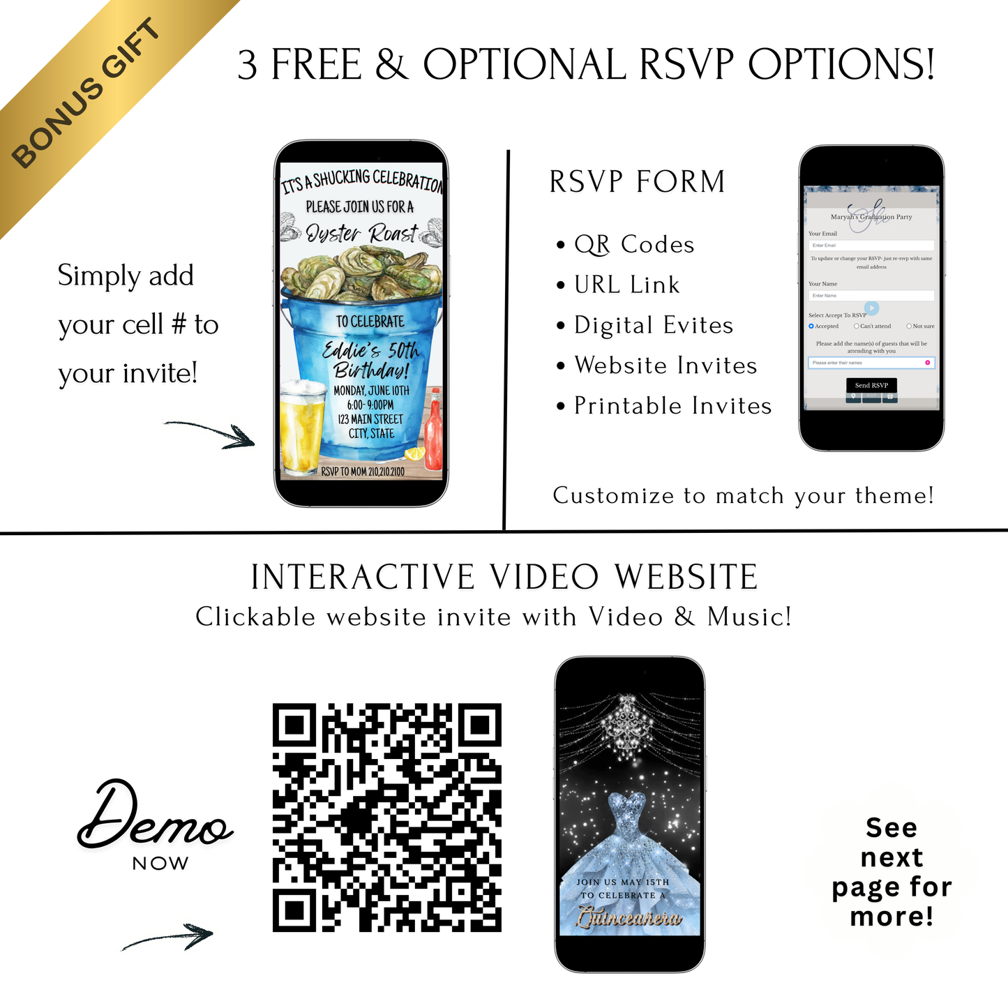 Editable oyster roast birthday party birthday video invitation displayed on a mobile phone, featuring an animated vertical digital invite with music, created in Canva. This premium video invitation template is designed for sharing by text, email, and social media and works with an interactive RSVP website for easy guest response tracking.