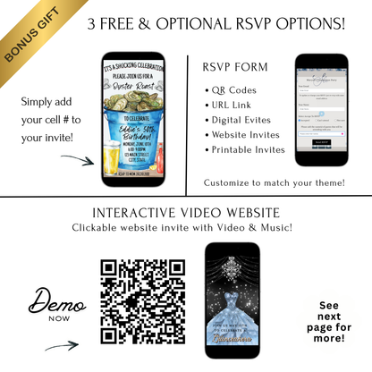 Editable oyster roast birthday party birthday video invitation displayed on a mobile phone, featuring an animated vertical digital invite with music, created in Canva. This premium video invitation template is designed for sharing by text, email, and social media and works with an interactive RSVP website for easy guest response tracking.