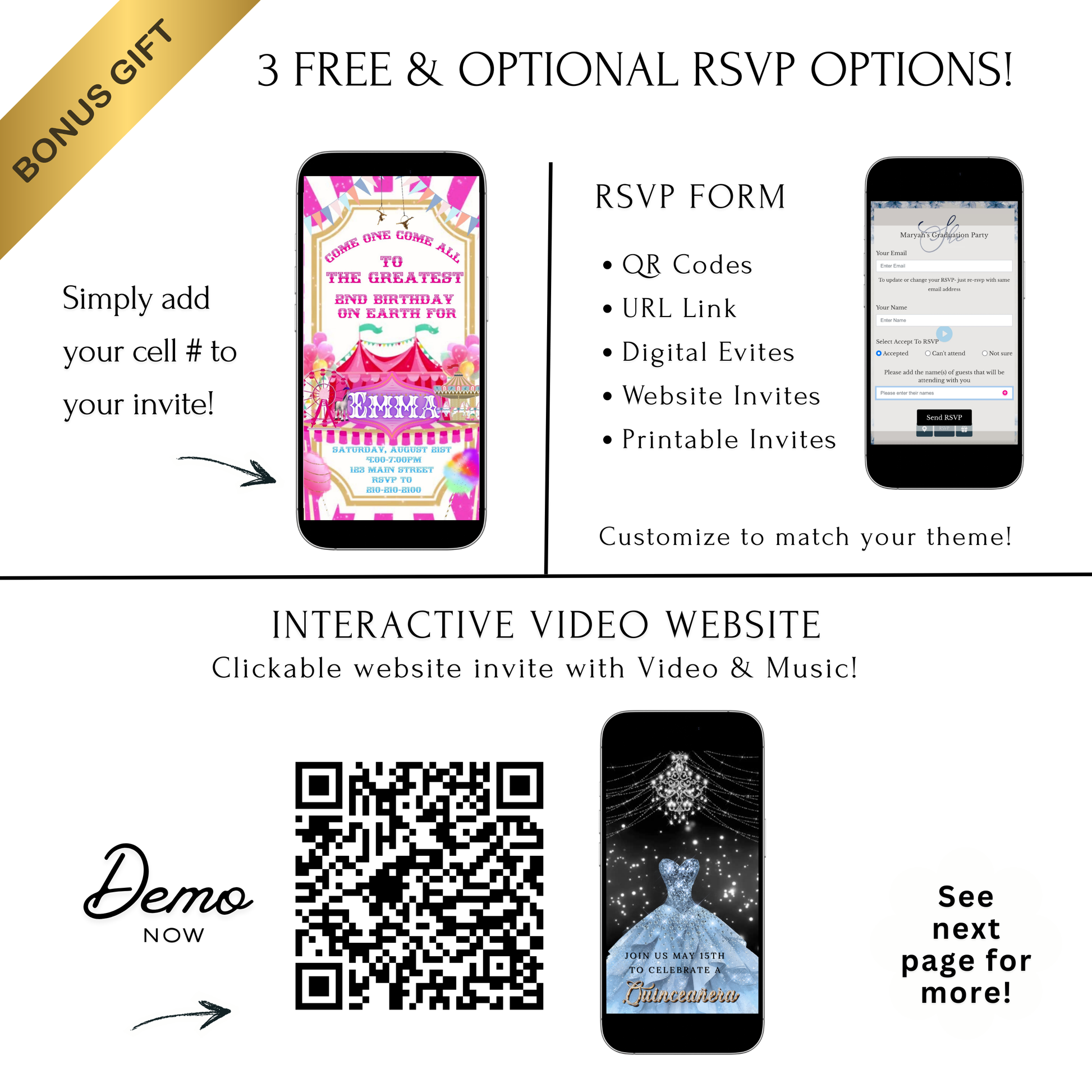 Editable pink circus 2nd birthday birthday video invitation displayed on a mobile phone, featuring an animated vertical digital invite with music, created in Canva. This premium video invitation template is designed for sharing by text, email, and social media and works with an interactive RSVP website for easy guest response tracking.