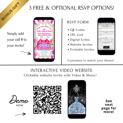 Editable pink circus 2nd birthday birthday video invitation displayed on a mobile phone, featuring an animated vertical digital invite with music, created in Canva. This premium video invitation template is designed for sharing by text, email, and social media and works with an interactive RSVP website for easy guest response tracking.