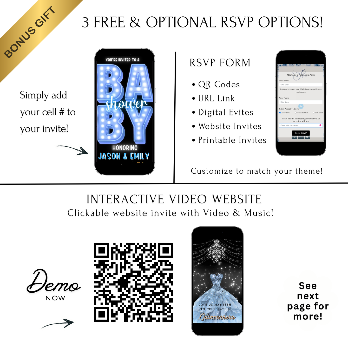 Editable blue marquee boy baby shower baby shower video invitation displayed on a mobile phone, featuring an animated vertical digital invite with music, created in Canva. This premium video invitation template is designed for sharing by text, email, and social media and works with an interactive RSVP website for easy guest response tracking.