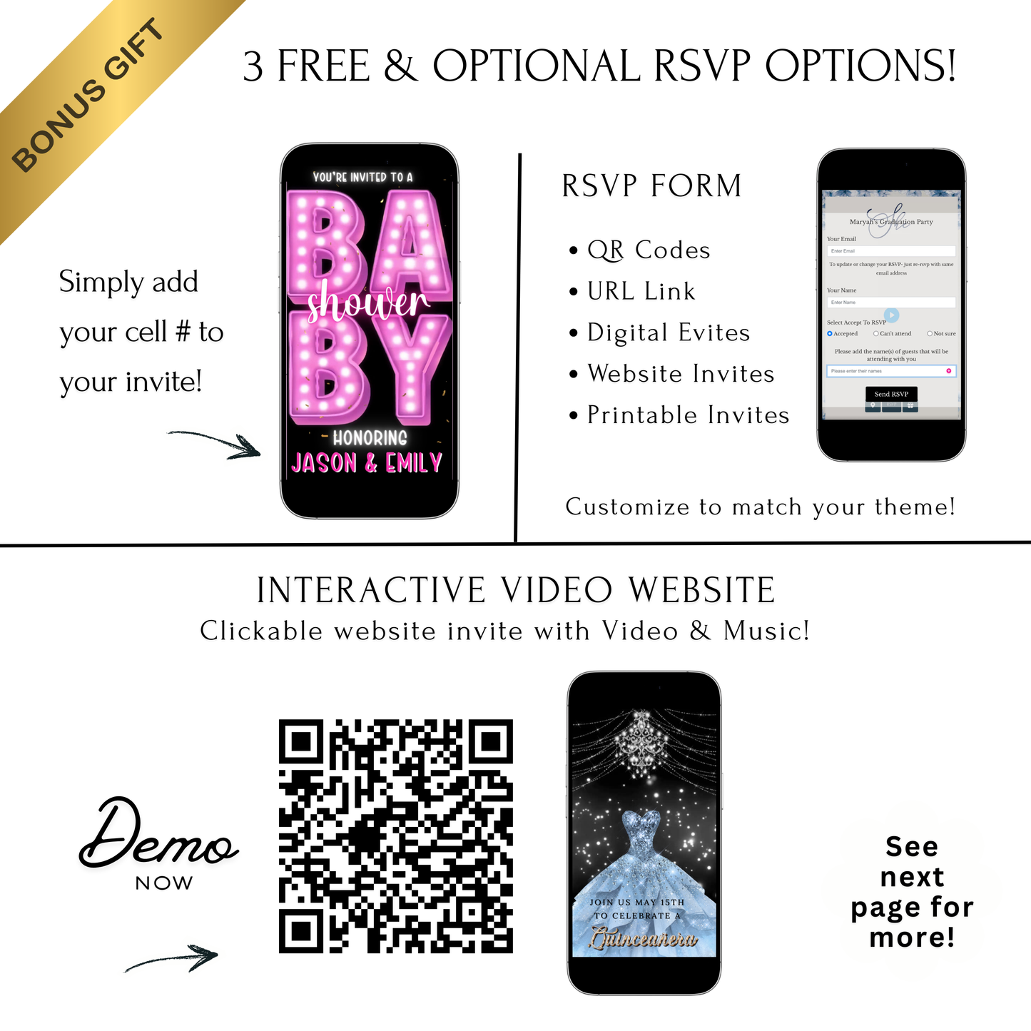 Editable pink neon baby shower baby shower video invitation displayed on a mobile phone, featuring an animated vertical digital invite with music, created in Canva. This premium video invitation template is designed for sharing by text, email, and social media and works with an interactive RSVP website for easy guest response tracking.