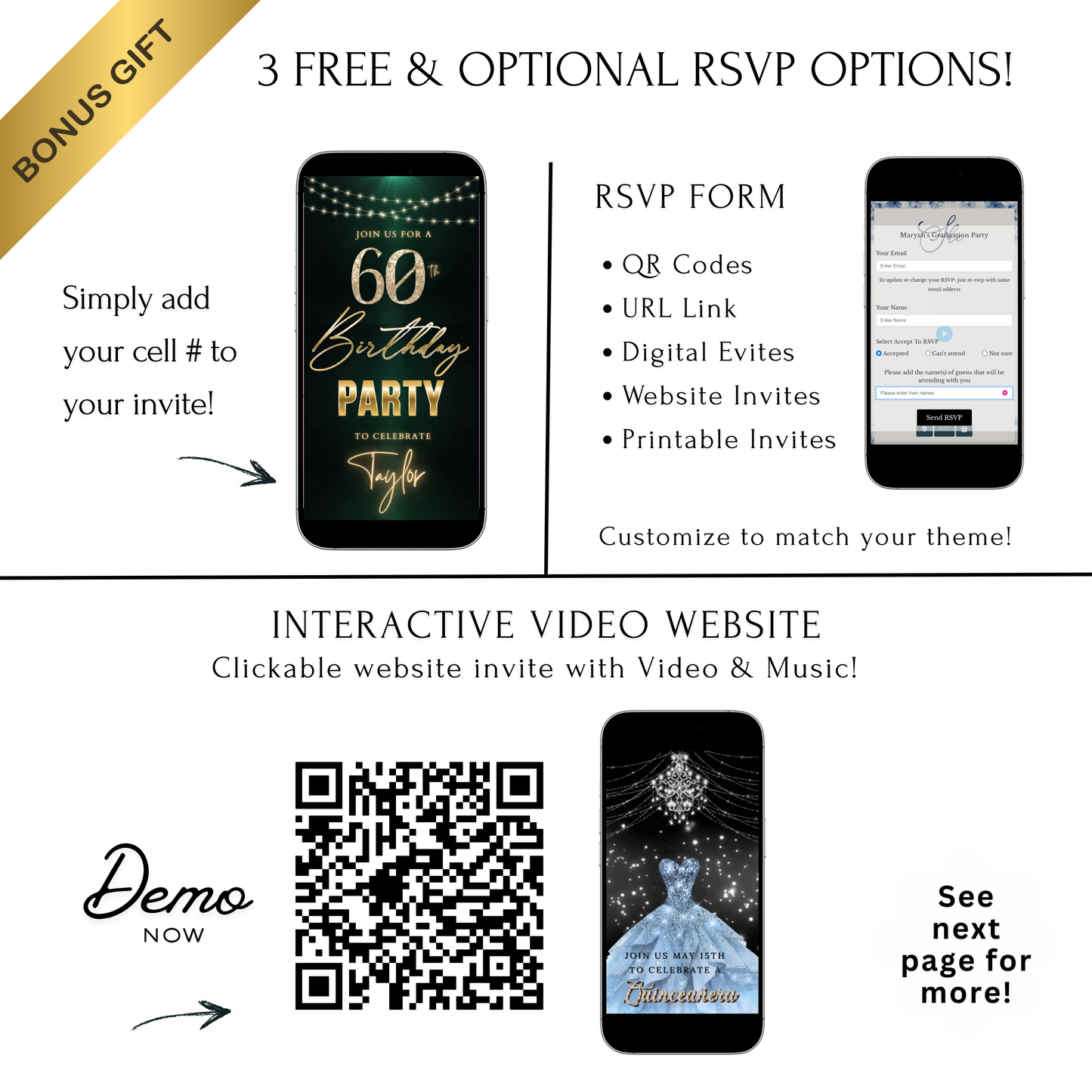 Editable dark emerald gold 60th birthday birthday video invitation displayed on a mobile phone, featuring an animated vertical digital invite with music, created in Canva. This premium video invitation template is designed for sharing by text, email, and social media and works with an interactive RSVP website for easy guest response tracking.