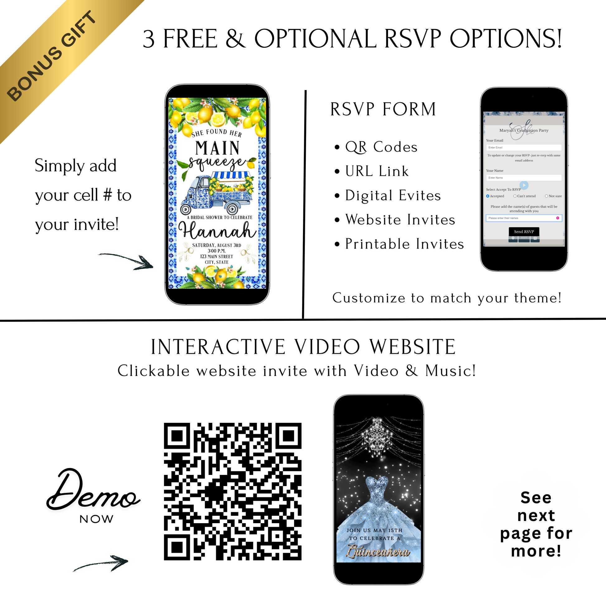 Editable amalfi lemon bridal shower bridal shower video invitation displayed on a mobile phone, featuring an animated vertical digital invite with music, created in Canva. This premium video invitation template is designed for sharing by text, email, and social media and works with an interactive RSVP website for easy guest response tracking.