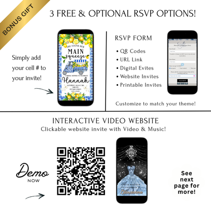 Editable amalfi lemon bridal shower bridal shower video invitation displayed on a mobile phone, featuring an animated vertical digital invite with music, created in Canva. This premium video invitation template is designed for sharing by text, email, and social media and works with an interactive RSVP website for easy guest response tracking.