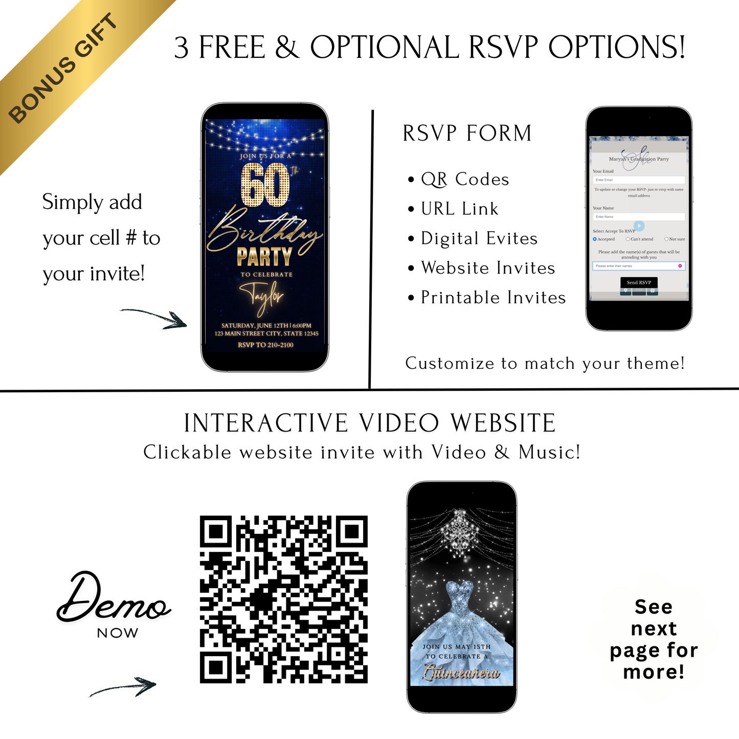 Editable royal blue gold sparkle 60th birthday birthday video invitation displayed on a mobile phone, featuring an animated vertical digital invite with music, created in Canva. This premium video invitation template is designed for sharing by text, email, and social media and works with an interactive RSVP website for easy guest response tracking.