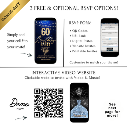 Editable royal blue gold sparkle 60th birthday birthday video invitation displayed on a mobile phone, featuring an animated vertical digital invite with music, created in Canva. This premium video invitation template is designed for sharing by text, email, and social media and works with an interactive RSVP website for easy guest response tracking.