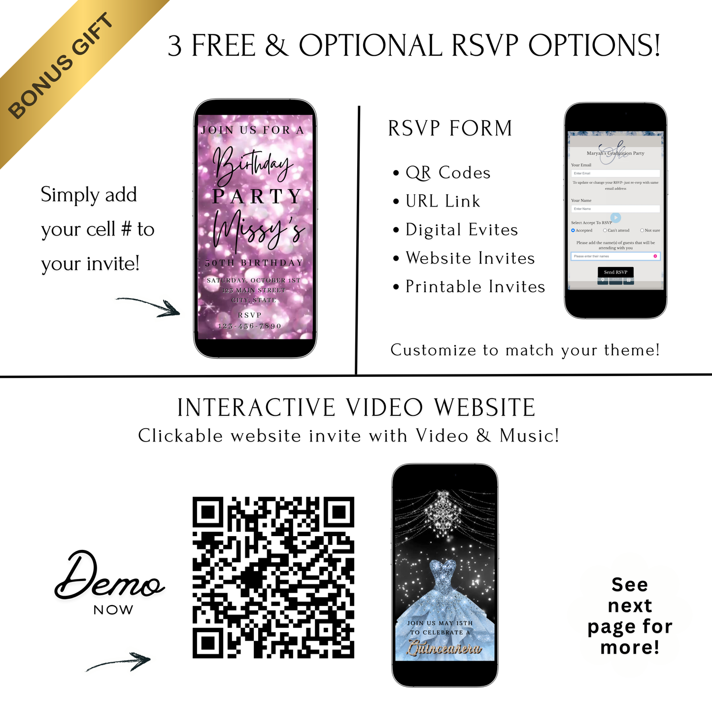 Editable lavender bokeh 50th birthday birthday video invitation displayed on a mobile phone, featuring an animated vertical digital invite with music, created in Canva. This premium video invitation template is designed for sharing by text, email, and social media and works with an interactive RSVP website for easy guest response tracking.