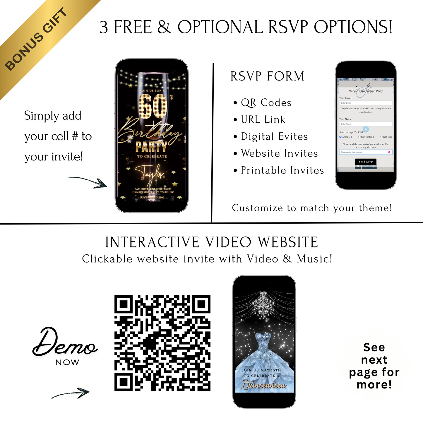 Editable champagne celebration 60th birthday birthday video invitation displayed on a mobile phone, featuring an animated vertical digital invite with music, created in Canva. This premium video invitation template is designed for sharing by text, email, and social media and works with an interactive RSVP website for easy guest response tracking.