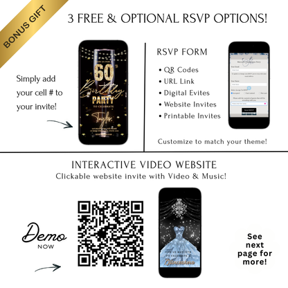 Editable champagne celebration 60th birthday birthday video invitation displayed on a mobile phone, featuring an animated vertical digital invite with music, created in Canva. This premium video invitation template is designed for sharing by text, email, and social media and works with an interactive RSVP website for easy guest response tracking.