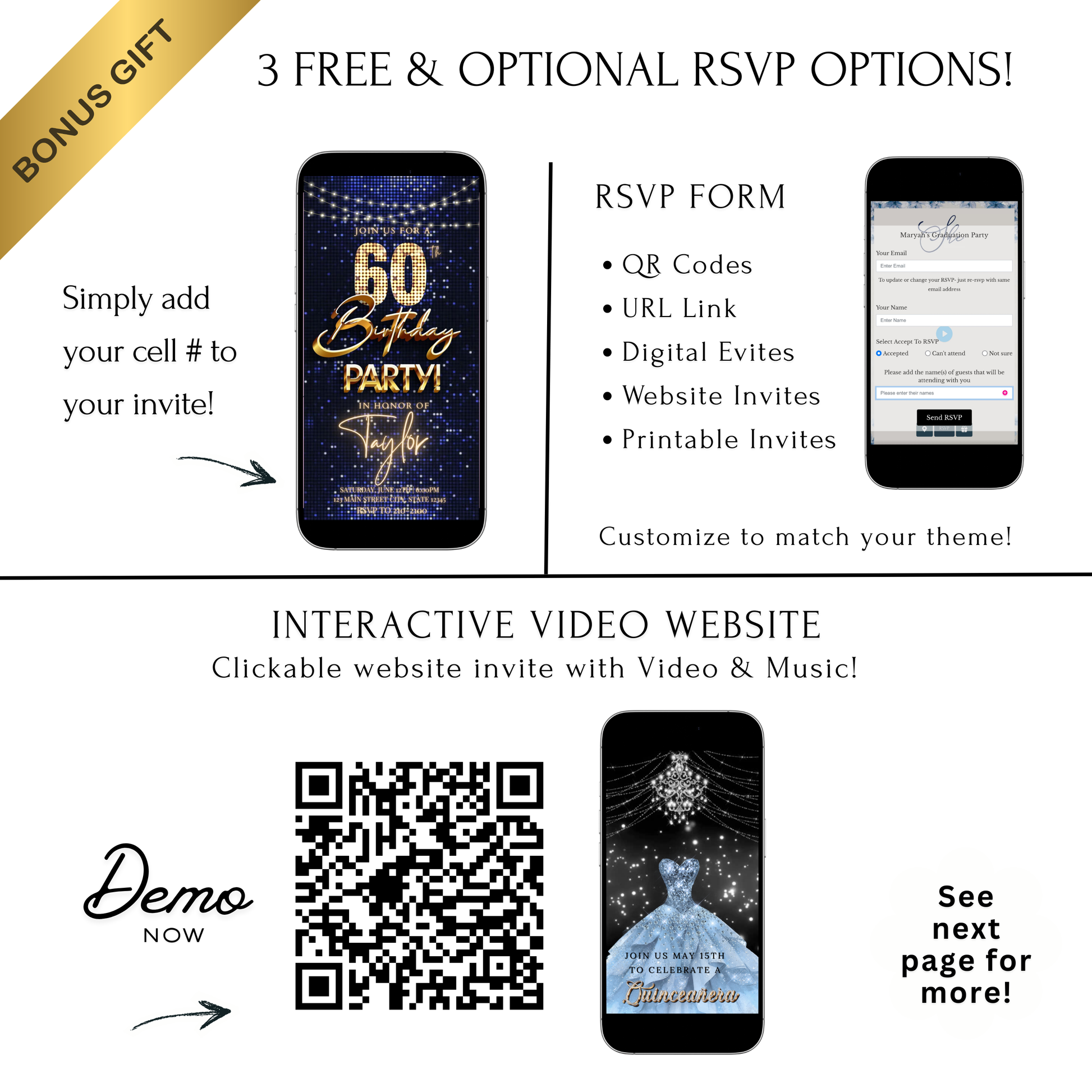 Editable navy sequin gold 60th birthday birthday video invitation displayed on a mobile phone, featuring an animated vertical digital invite with music, created in Canva. This premium video invitation template is designed for sharing by text, email, and social media and works with an interactive RSVP website for easy guest response tracking.