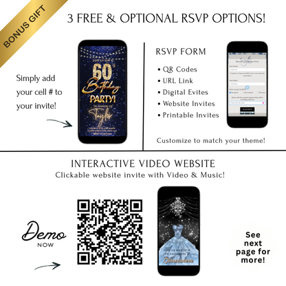 Editable navy sequin gold 60th birthday birthday video invitation displayed on a mobile phone, featuring an animated vertical digital invite with music, created in Canva. This premium video invitation template is designed for sharing by text, email, and social media and works with an interactive RSVP website for easy guest response tracking.
