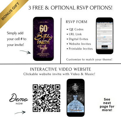 Editable purple gold elegant 60th birthday birthday video invitation displayed on a mobile phone, featuring an animated vertical digital invite with music, created in Canva. This premium video invitation template is designed for sharing by text, email, and social media and works with an interactive RSVP website for easy guest response tracking.