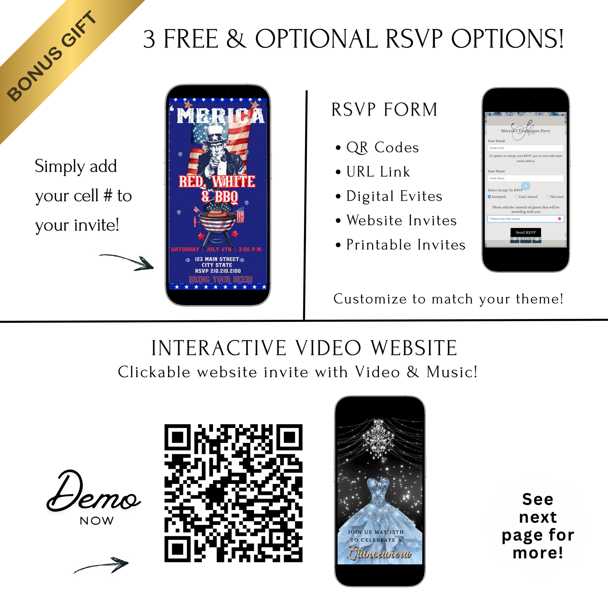 Editable red white blue bbq party party video invitation displayed on a mobile phone, featuring an animated vertical digital invite with music, created in Canva. This premium video invitation template is designed for sharing by text, email, and social media and works with an interactive RSVP website for easy guest response tracking.