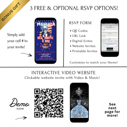 Editable red white blue bbq party party video invitation displayed on a mobile phone, featuring an animated vertical digital invite with music, created in Canva. This premium video invitation template is designed for sharing by text, email, and social media and works with an interactive RSVP website for easy guest response tracking.