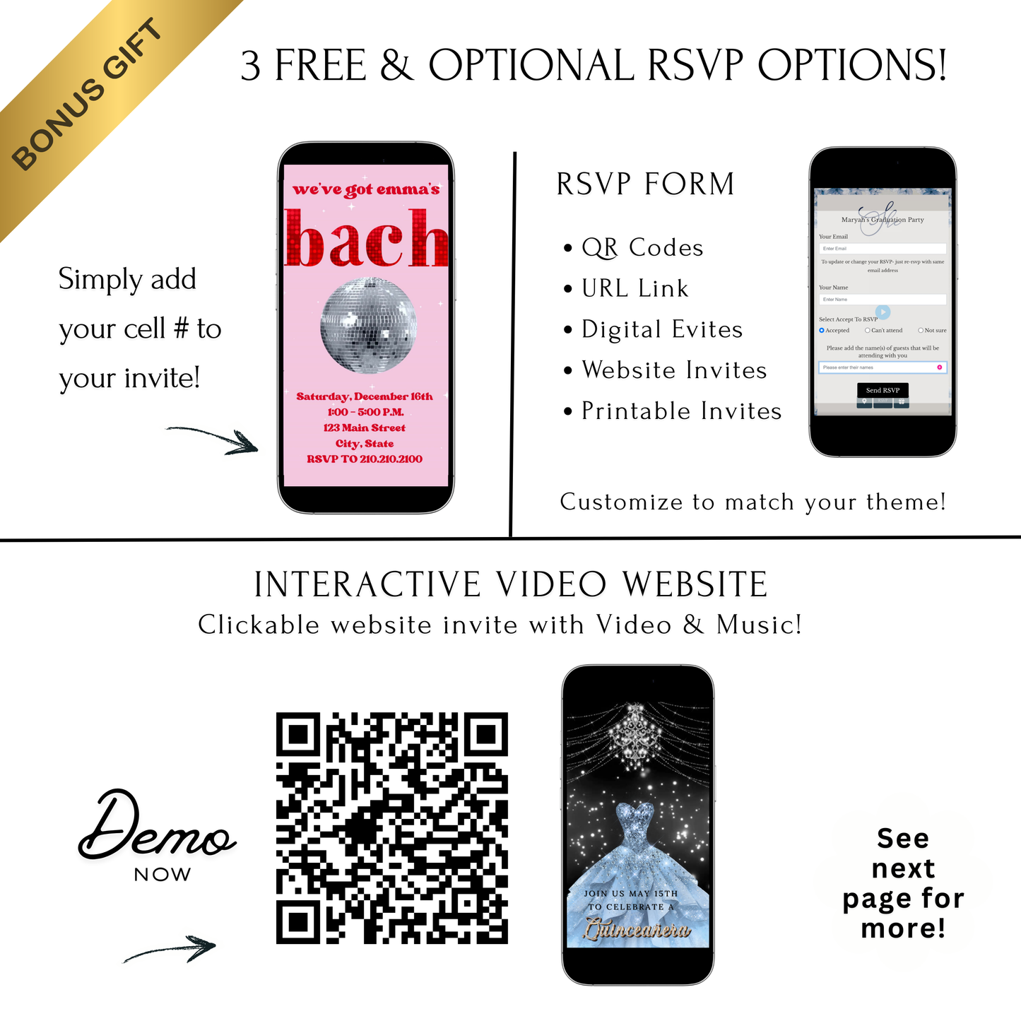 Editable disco bachelorette party party video invitation displayed on a mobile phone, featuring an animated vertical digital invite with music, created in Canva. This premium video invitation template is designed for sharing by text, email, and social media and works with an interactive RSVP website for easy guest response tracking.