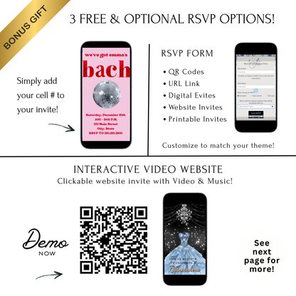 Editable disco bachelorette party party video invitation displayed on a mobile phone, featuring an animated vertical digital invite with music, created in Canva. This premium video invitation template is designed for sharing by text, email, and social media and works with an interactive RSVP website for easy guest response tracking.