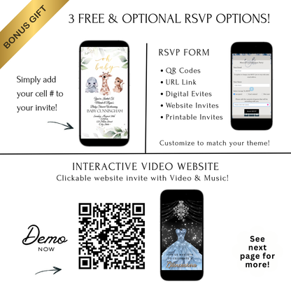 Editable safari baby shower baby shower video invitation displayed on a mobile phone, featuring an animated vertical digital invite with music, created in Canva. This premium video invitation template is designed for sharing by text, email, and social media and works with an interactive RSVP website for easy guest response tracking.