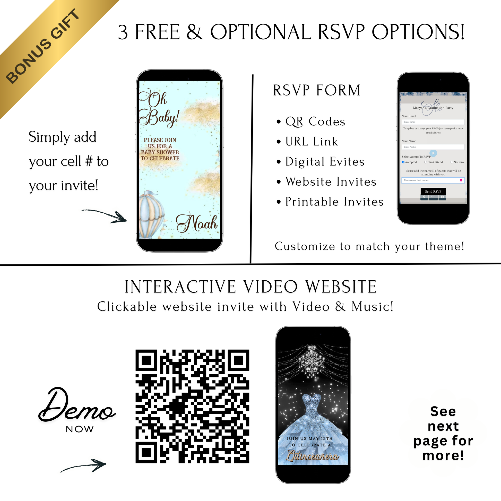 Editable blue hot air balloon boy baby shower baby shower video invitation displayed on a mobile phone, featuring an animated vertical digital invite with music, created in Canva. This premium video invitation template is designed for sharing by text, email, and social media and works with an interactive RSVP website for easy guest response tracking.