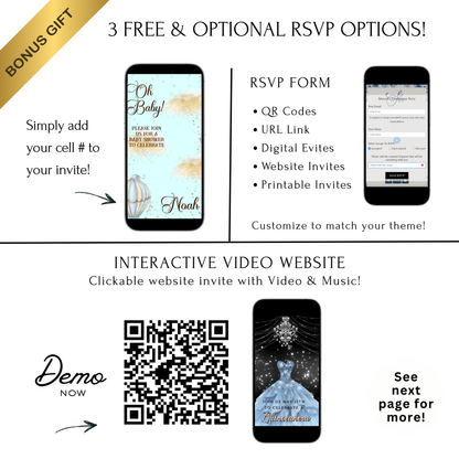 Editable blue hot air balloon boy baby shower baby shower video invitation displayed on a mobile phone, featuring an animated vertical digital invite with music, created in Canva. This premium video invitation template is designed for sharing by text, email, and social media and works with an interactive RSVP website for easy guest response tracking.